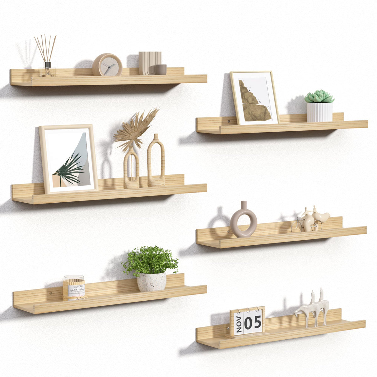 Upsimples six-pack floating shelves arranged as a cohesive wall collection for organized decor.