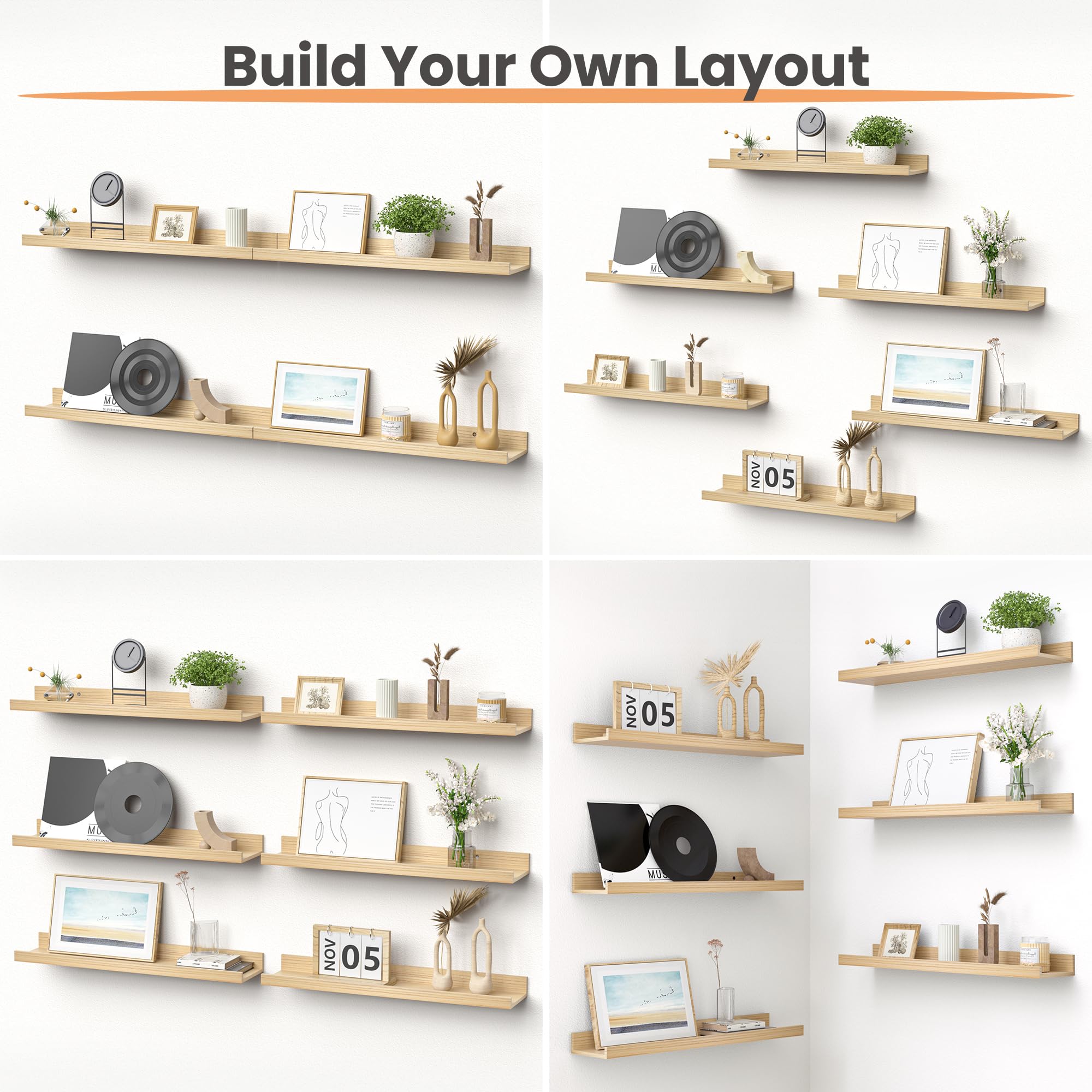 Upsimples floating shelves in a living room display natural wood warmth with open storage.