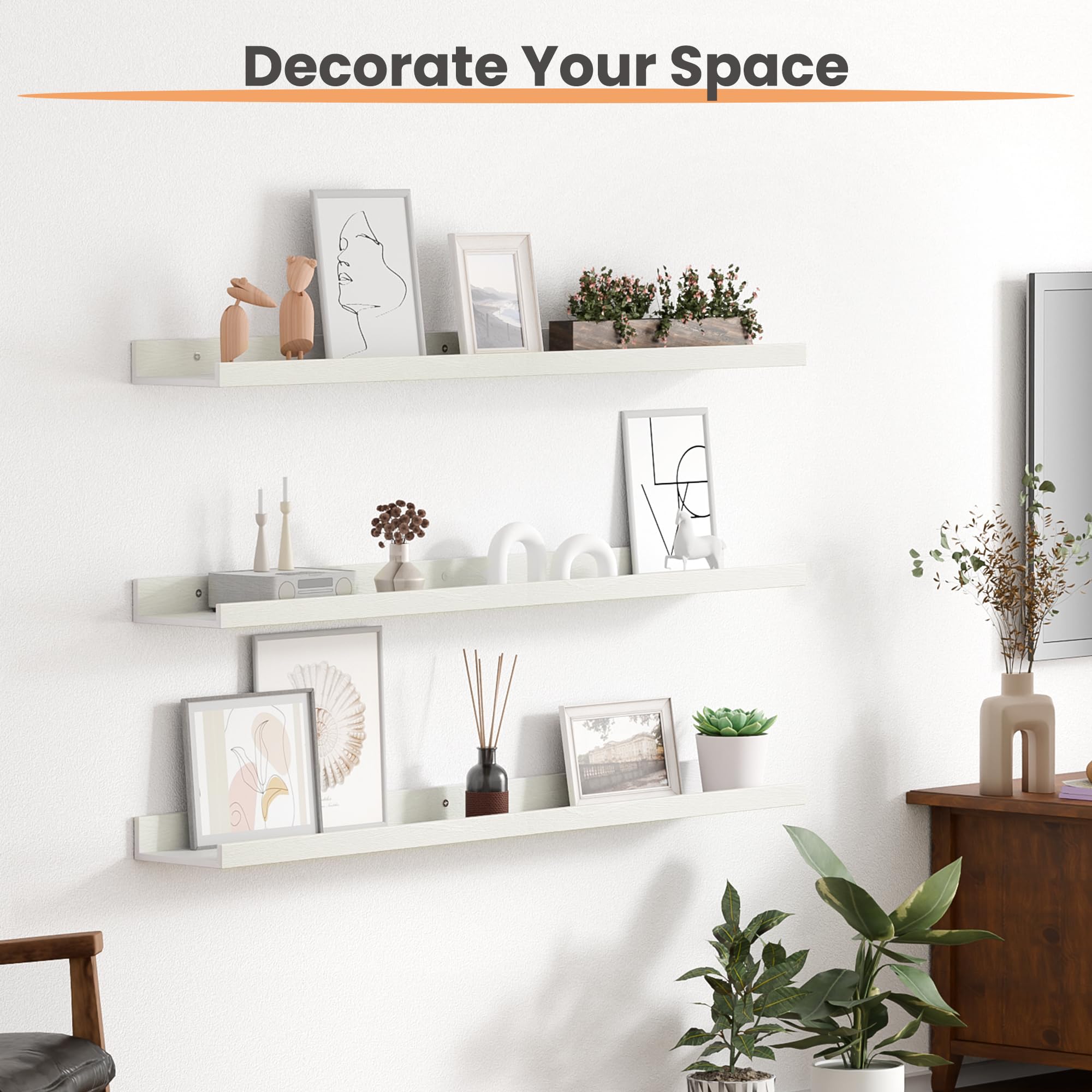 Upsimples shelf displaying plants and frames for decor appeal.