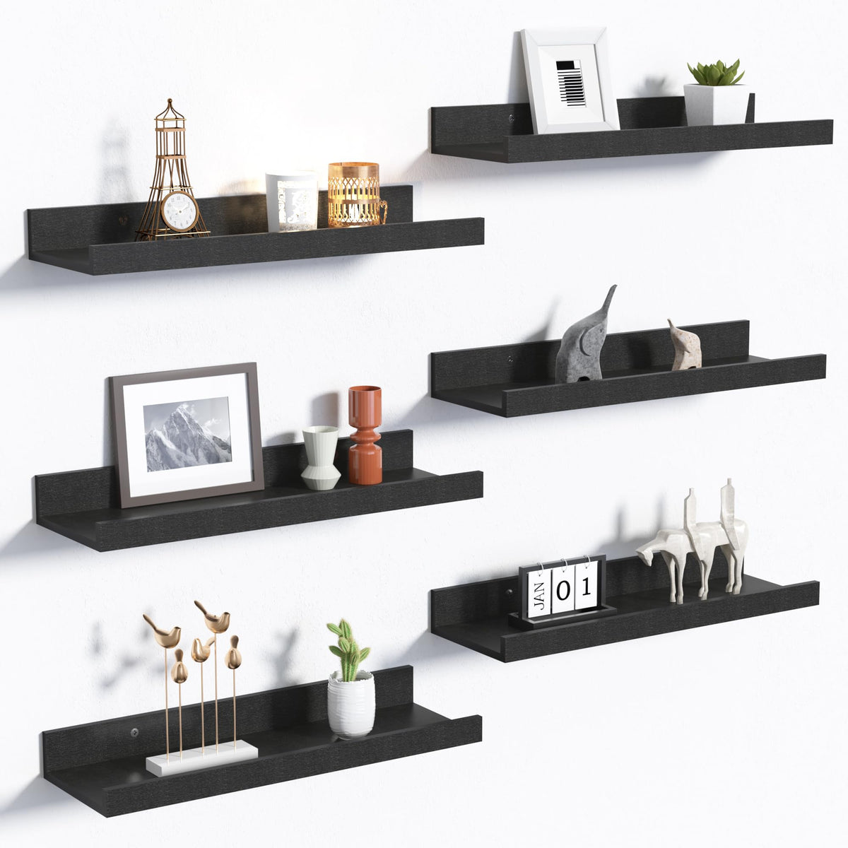 Upsimples floating shelves wall set 6 black finish for chic wall storage.