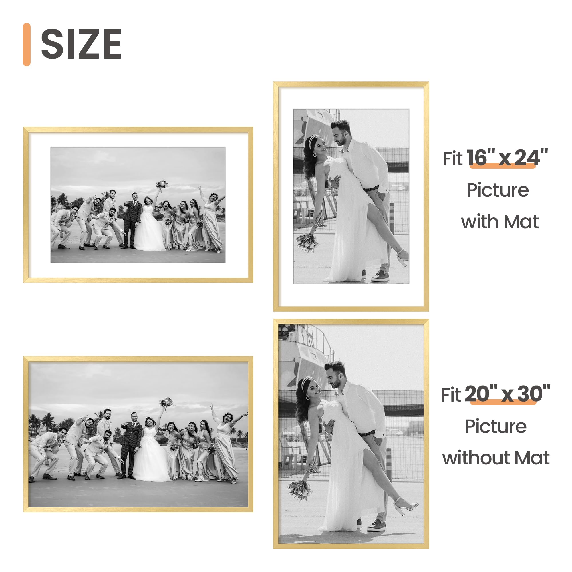 upsimples gold 20x30 frame display options with mat or without mat.