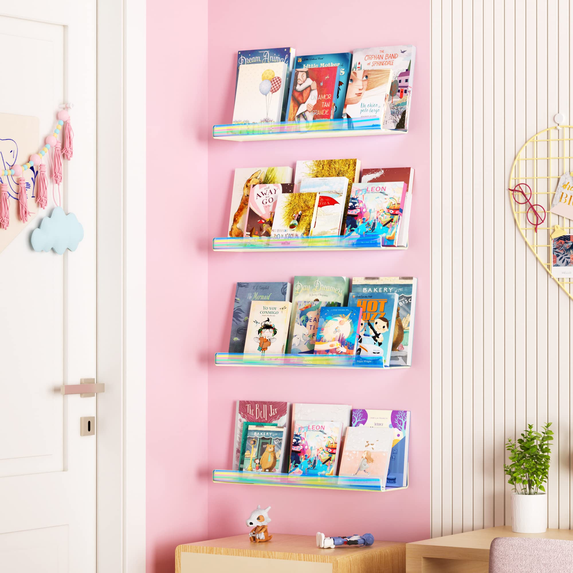Upsimples iridescent wall shelf creates space-saving organization in any room.
