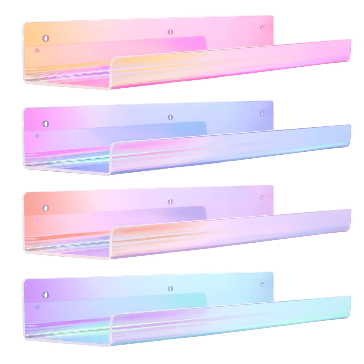 Upsimples iridescent shelf displays perfume with rainbow glow for vanity organization.