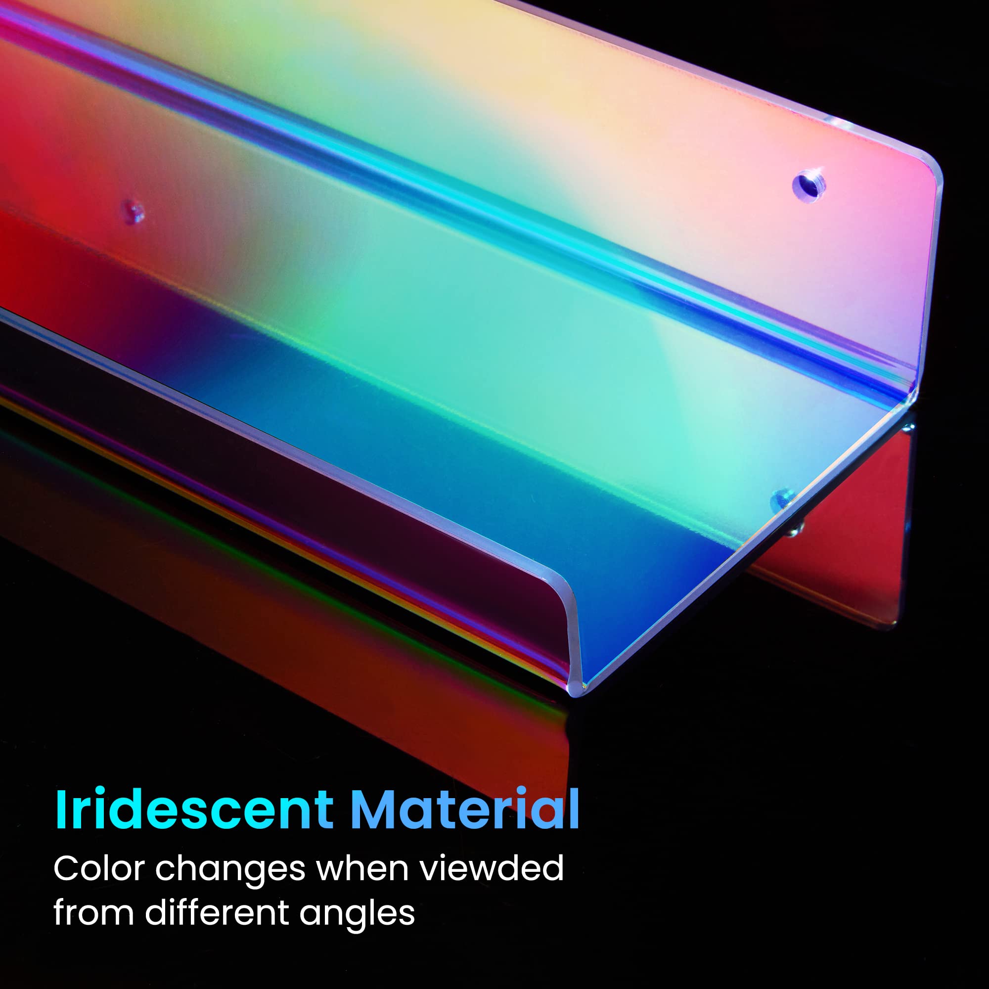 Upsimples iridescent shelf holds skincare products for a chic bathroom display.