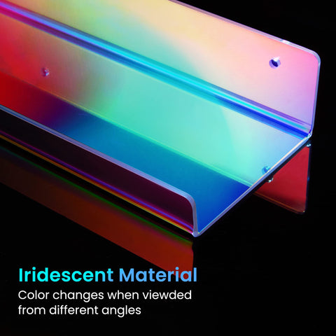 Upsimples iridescent shelf holds skincare products for a chic bathroom display.