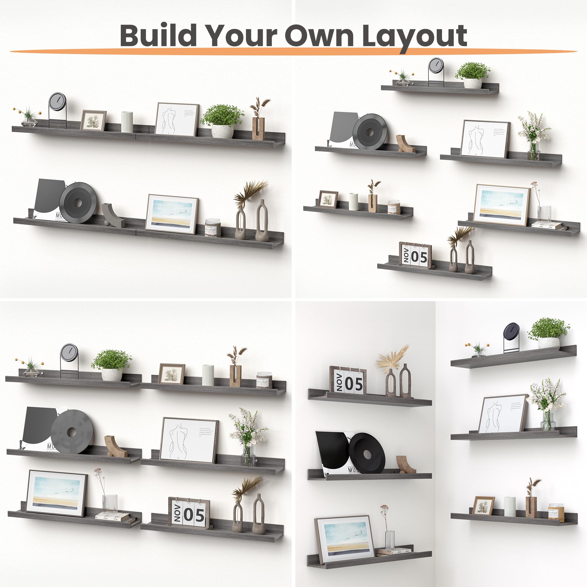 Upsimples long grey wood shelves assembled for seamless wall décor