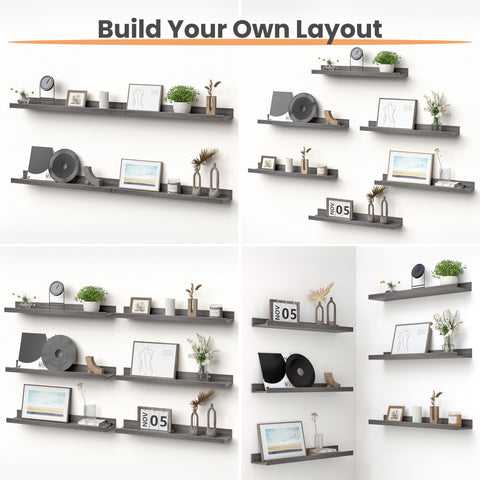 Upsimples long grey wood shelves assembled for seamless wall décor
