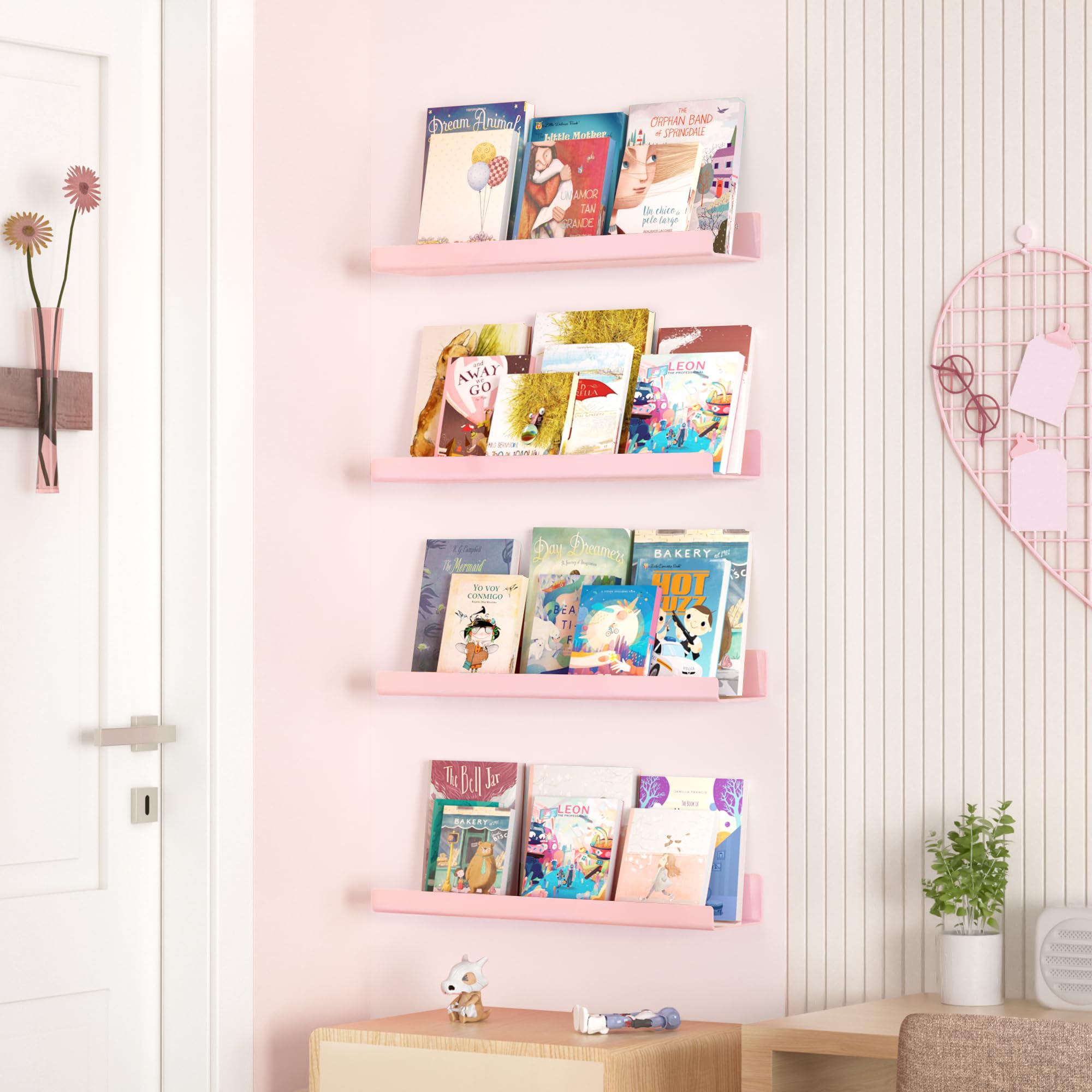 upsimples pink acrylic shelves for bedroom, tidy books and decor.