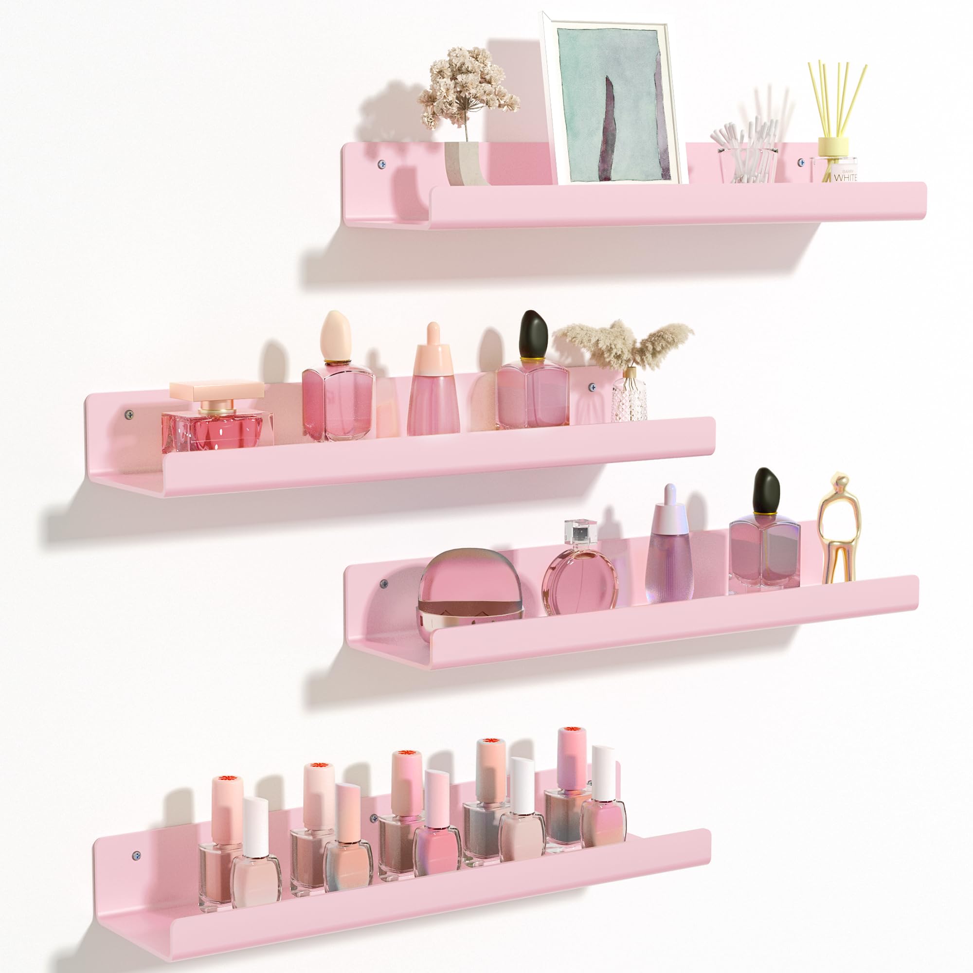 upsimples pink acrylic wall shelf 4-pack, slim display for bathroom toiletries.
