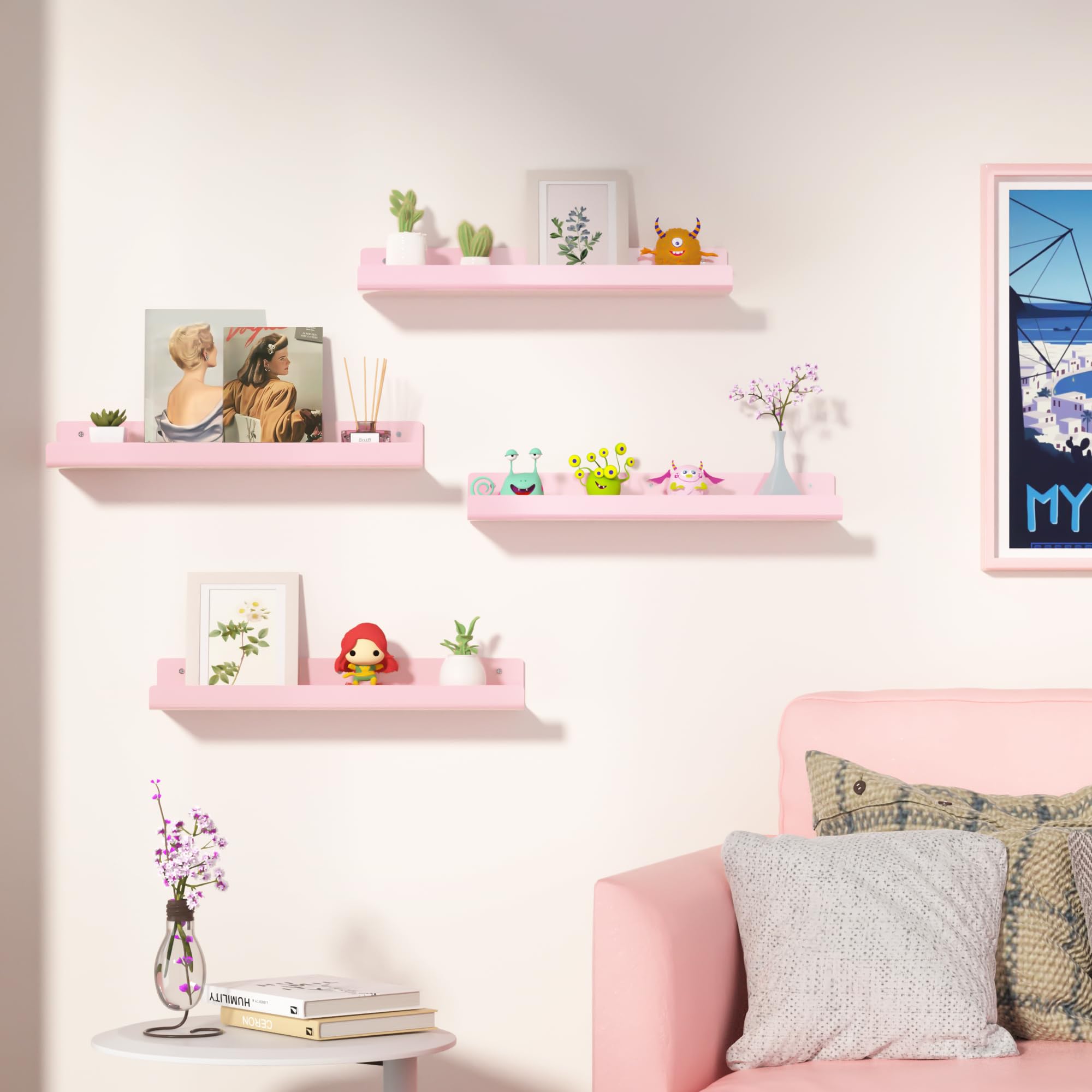 upsimples pink floating shelves in bathroom decor, organized cosmetics and toiletries.