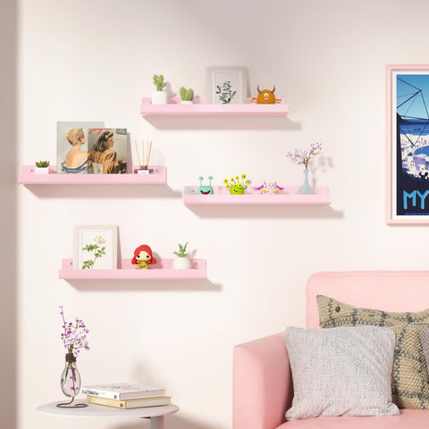 upsimples pink floating shelves in bathroom decor, organized cosmetics and toiletries.