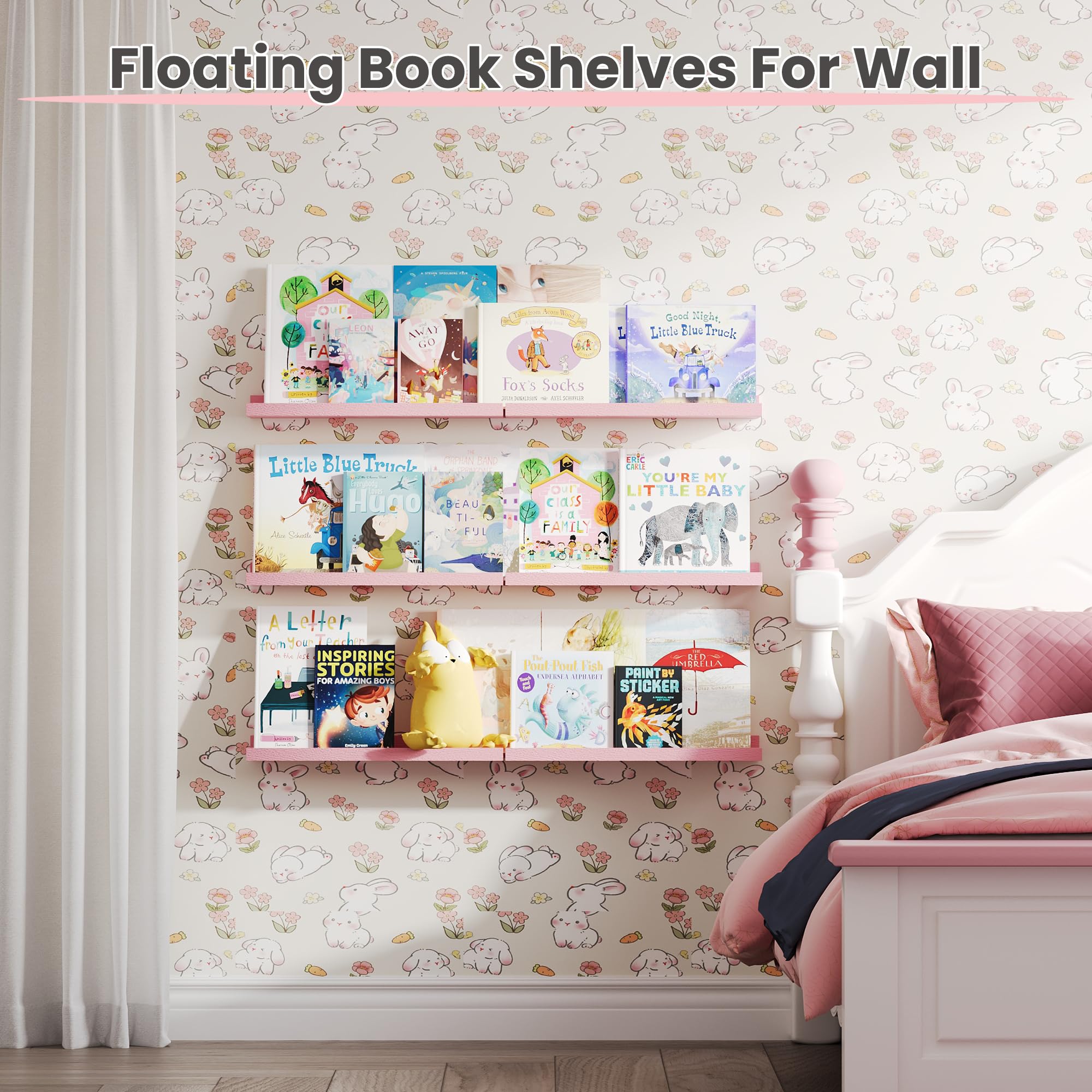 Upsimples pink wall display shelves arranged in living room or study.