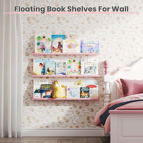 Upsimples pink wall display shelves arranged in living room or study.