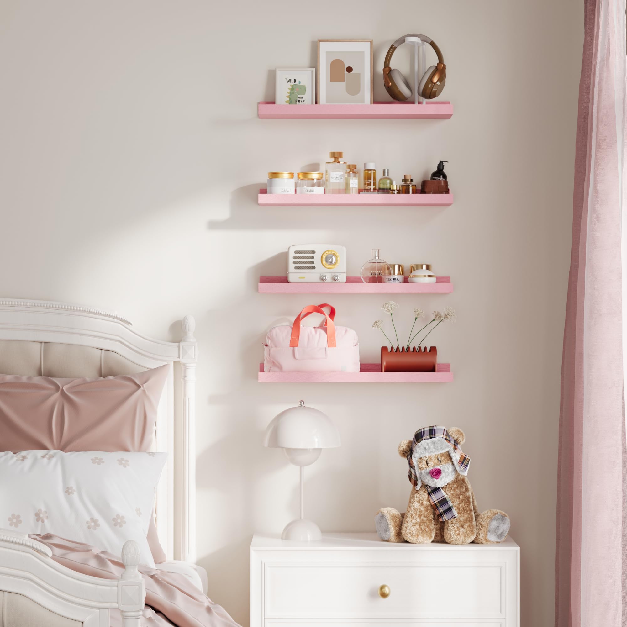 Upsimples pink wall-mounted shelves holding photos and keepsakes neatly.