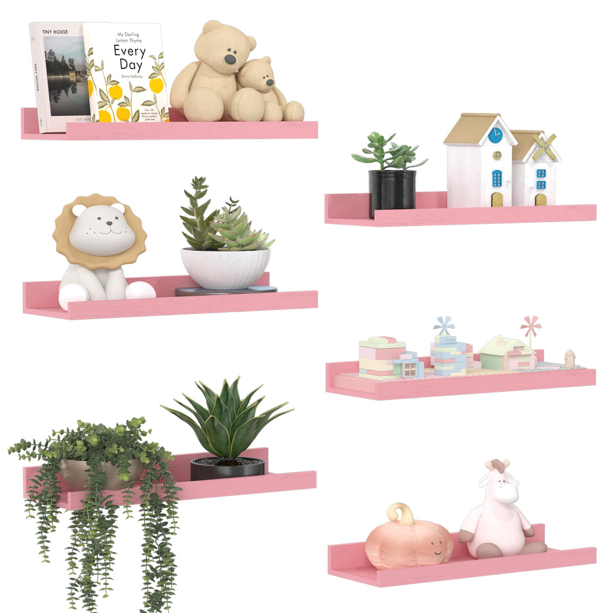 Upsimples pink wall shelves displaying small plants for a bright bedroom.