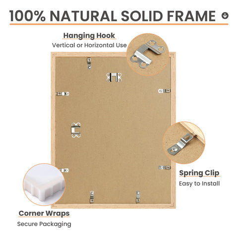 Upsimples solid wood frame features natural grain for warm, retro decor.