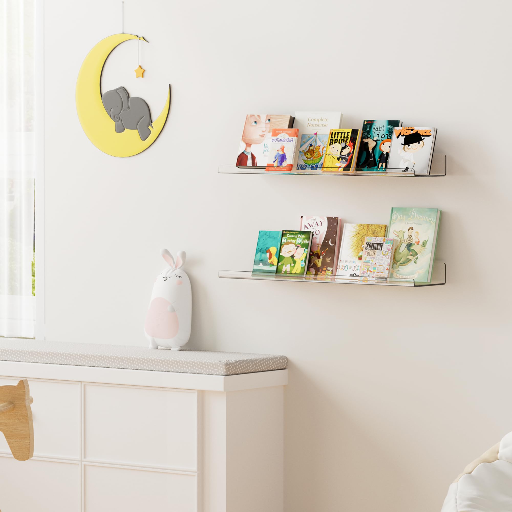 Upsimples strong acrylic floating shelves, easy to install and sturdy for decor.