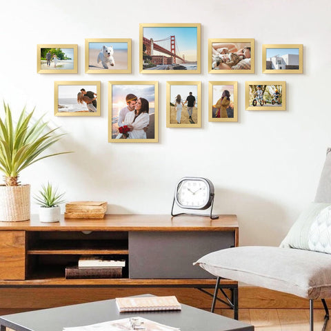 upsimples tabletop display stand in gold for easy photo rotation.