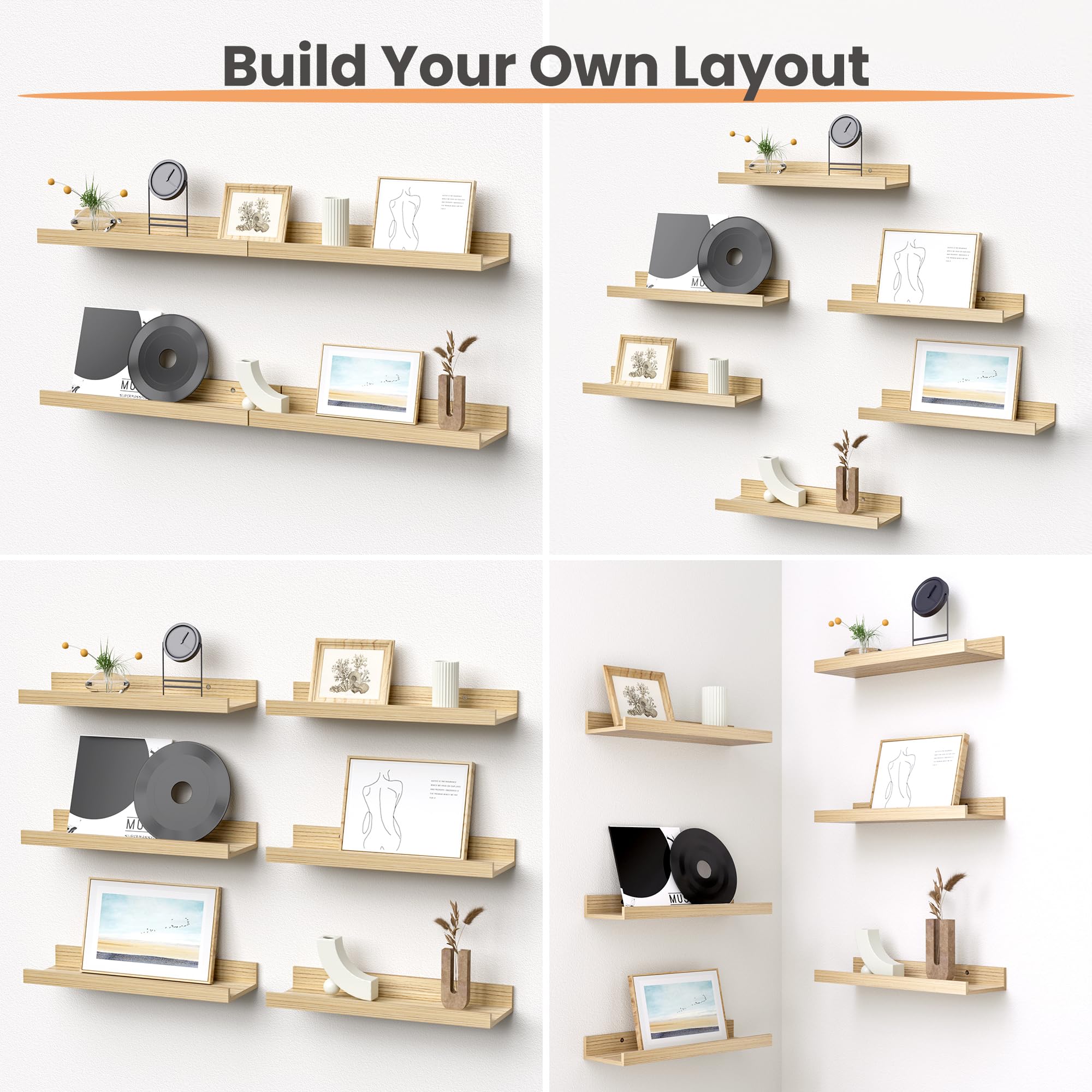 upsimples wall-mounted wood shelves in living room for stylish storage