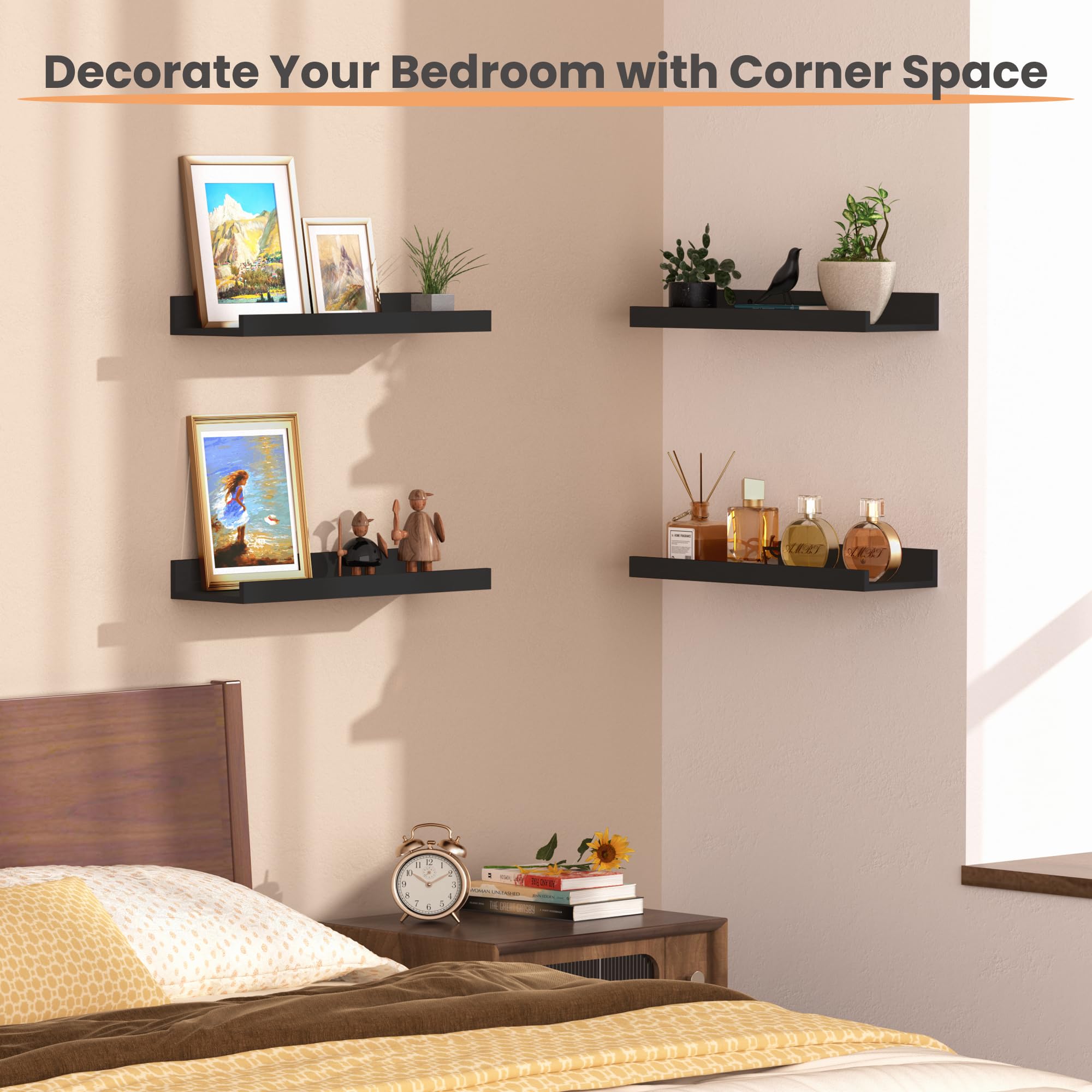 Upsimples wood floating shelves edge detail with refined craftsmanship.
