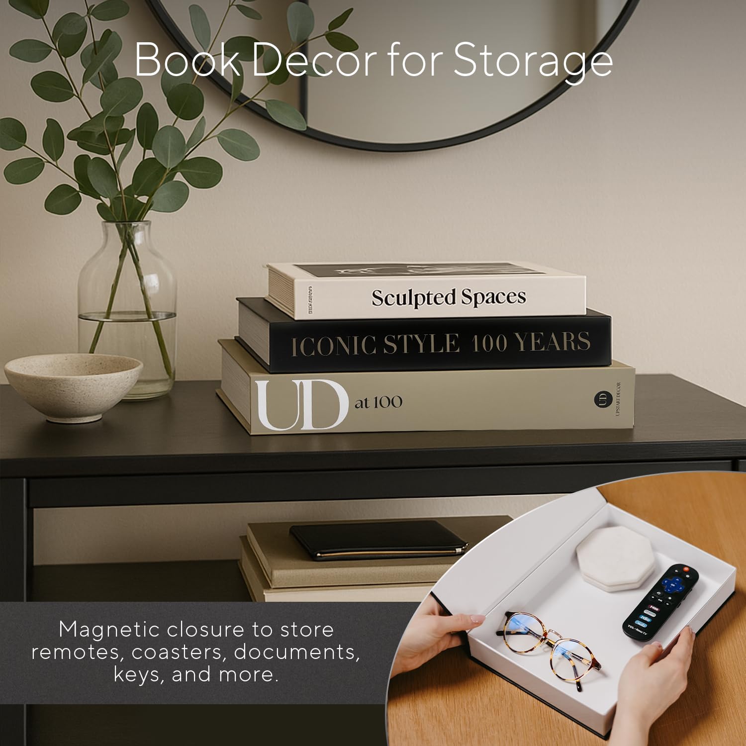 Upstart Decor books set used as mantle decor with a stable display surface.