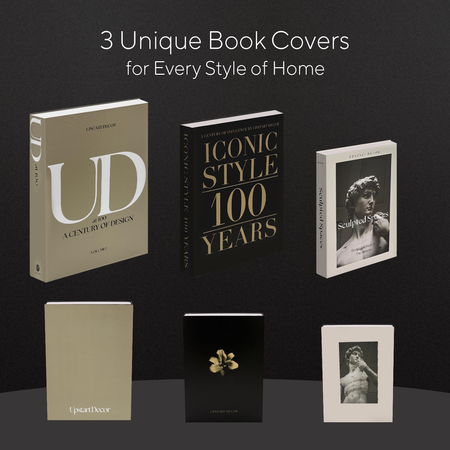 Upstart Decor books set styled on a shelf for cohesive shelving styling.