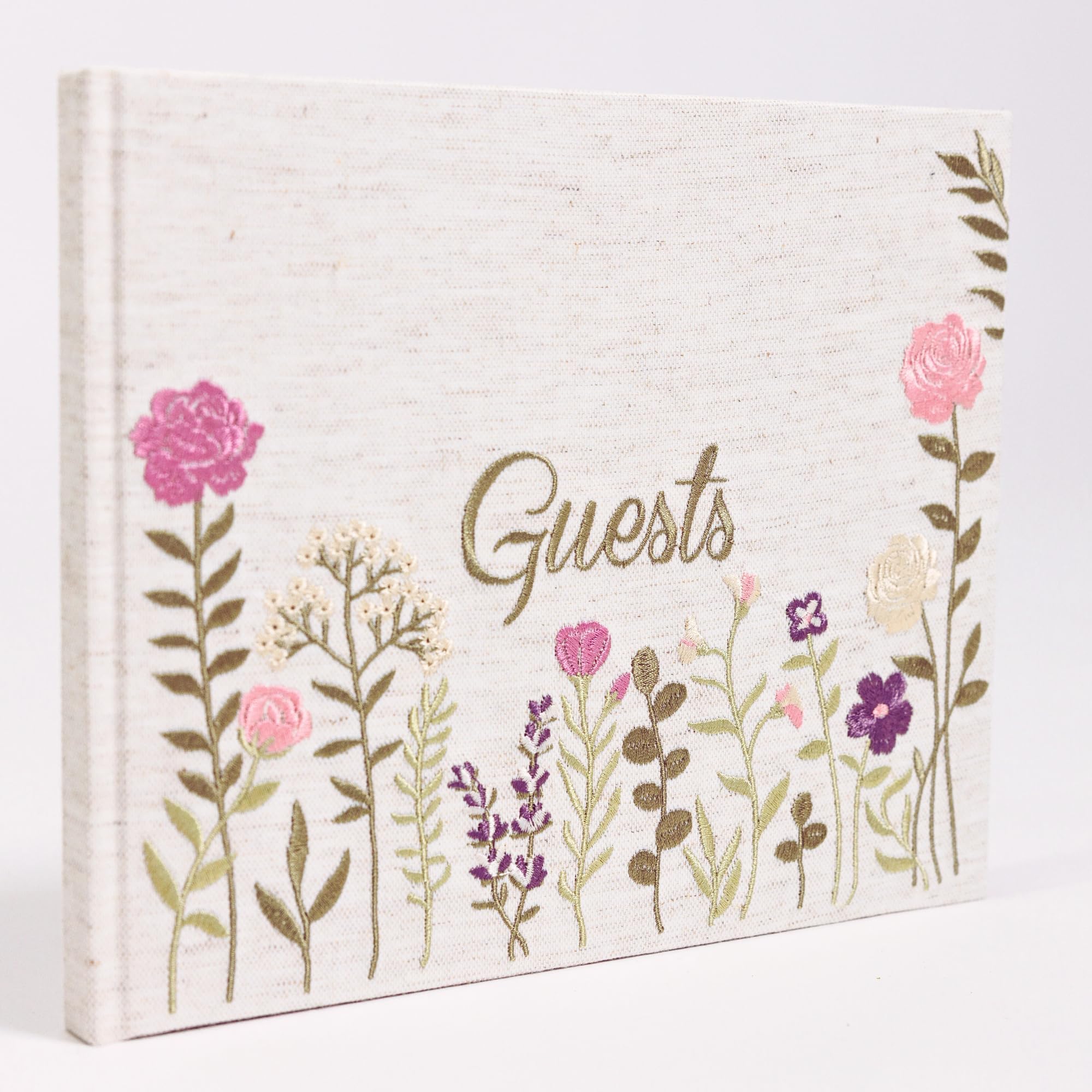 Upstart Decor linen-embroidered photo guest book pink cover for weddings.