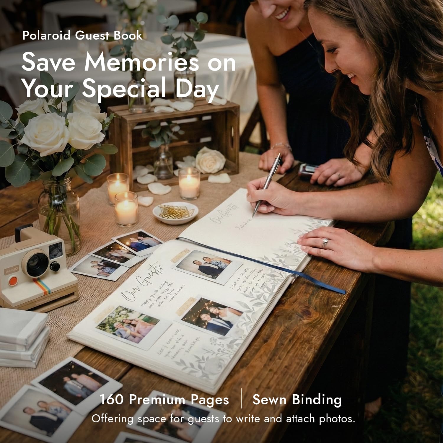 Upstart Decor polaroid photo guest book layout invites guests to add notes.