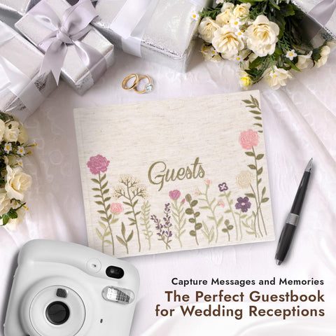 Upstart Decor premium linen hardcover with pink floral embroidery.