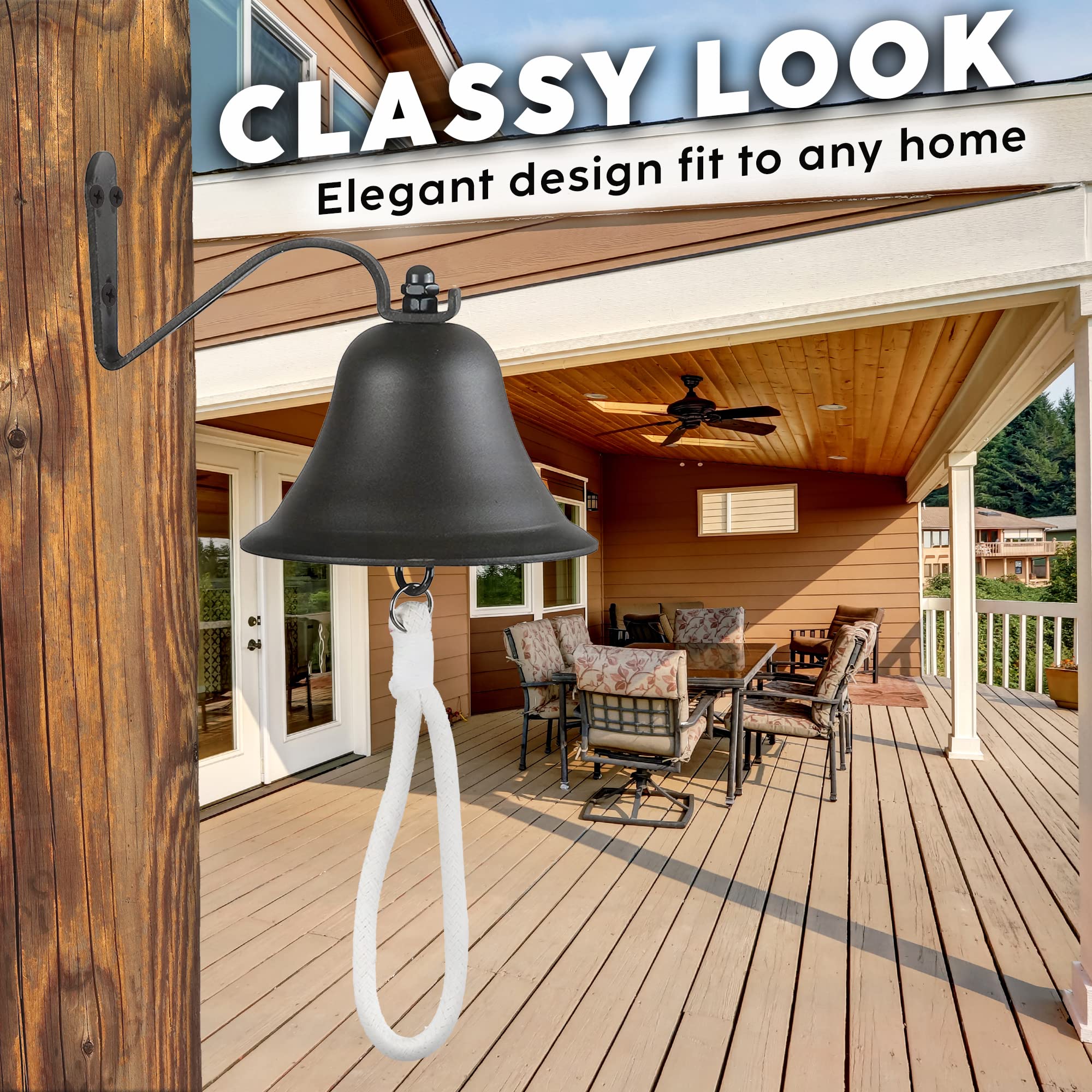 Upstreet cast iron outdoor-use dinner bell delivers a steady, noticeable signal.