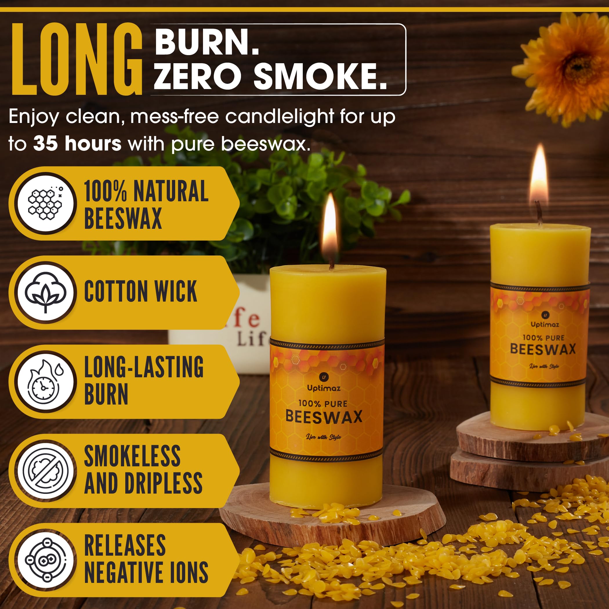 Uptimaz beeswax pillar candles feature a dripless design for minimal mess.