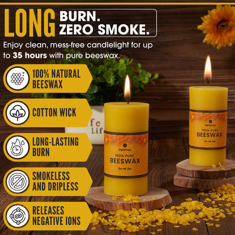 Uptimaz beeswax pillar candles feature a dripless design for minimal mess.