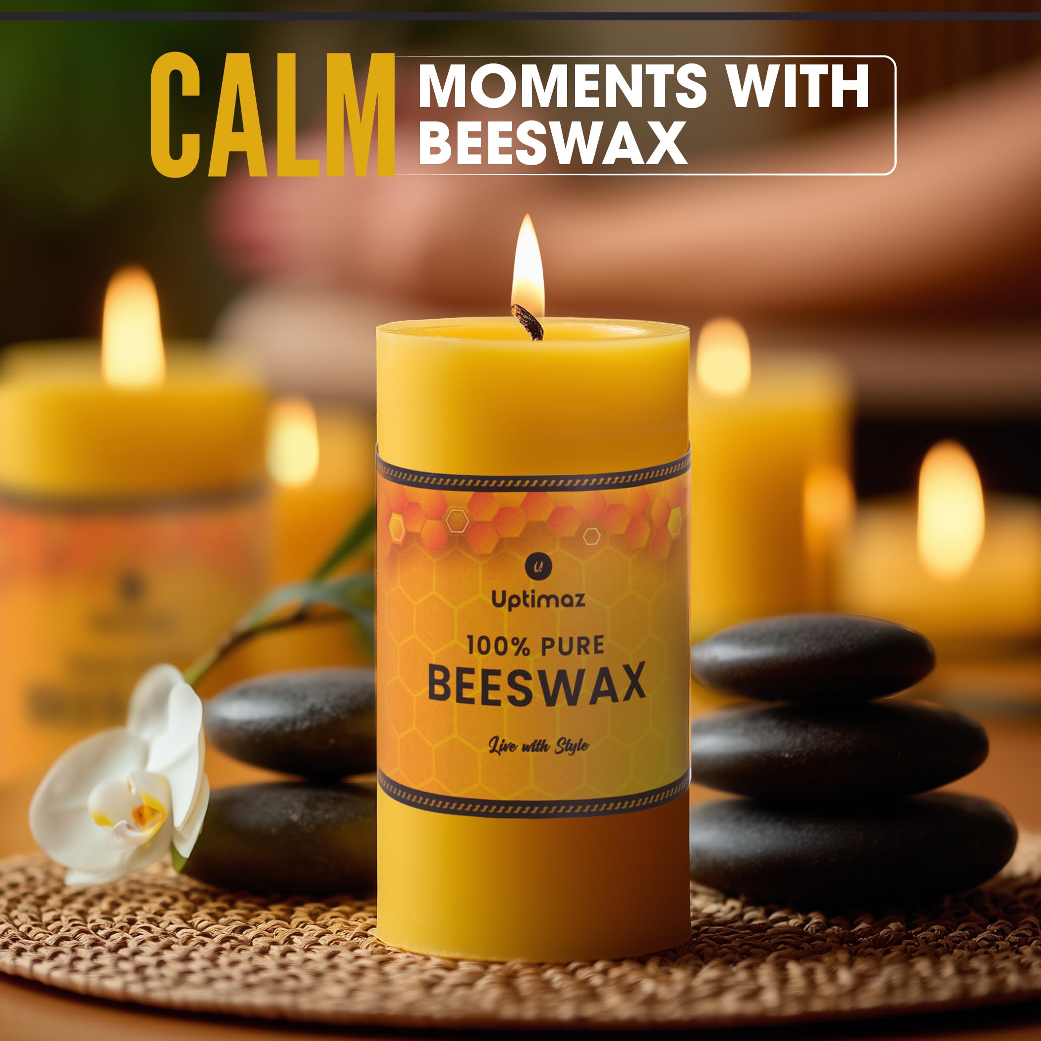 Uptimaz beeswax pillar candles provide a warm soft glow in any room.