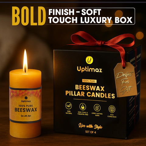 Uptimaz beeswax pillar candles in elegant gift packaging ideal for gifting.