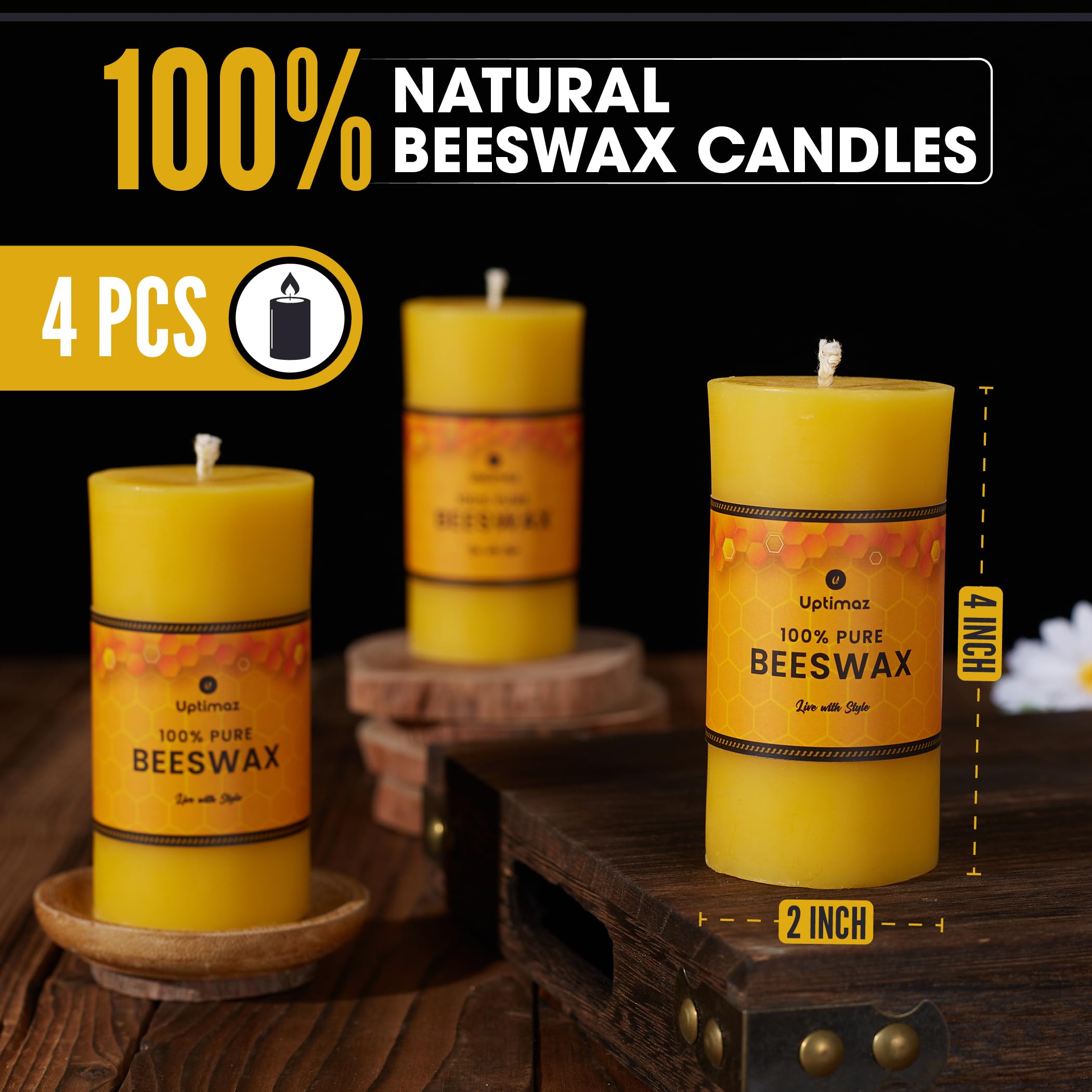 Uptimaz beeswax pillar candles with cotton wick deliver clean burn.