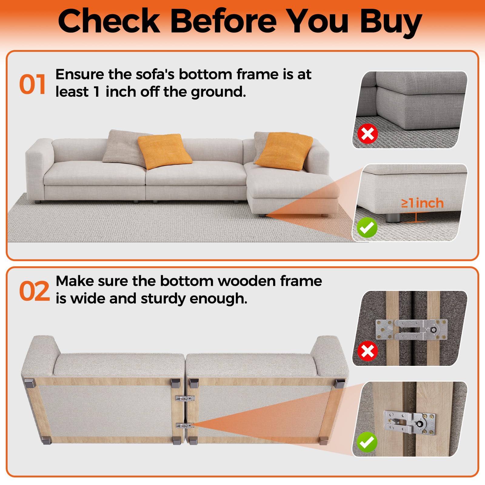 UPVONT eight-notch adjustment shows customizable fit for different sofa frames.