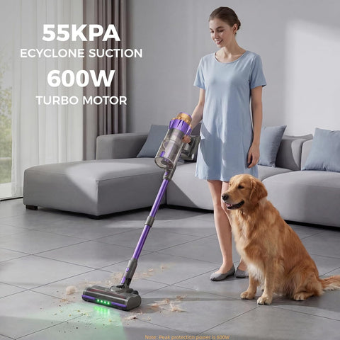 UQTEF cordless vacuum with 600W motor for strong, efficient cleaning.