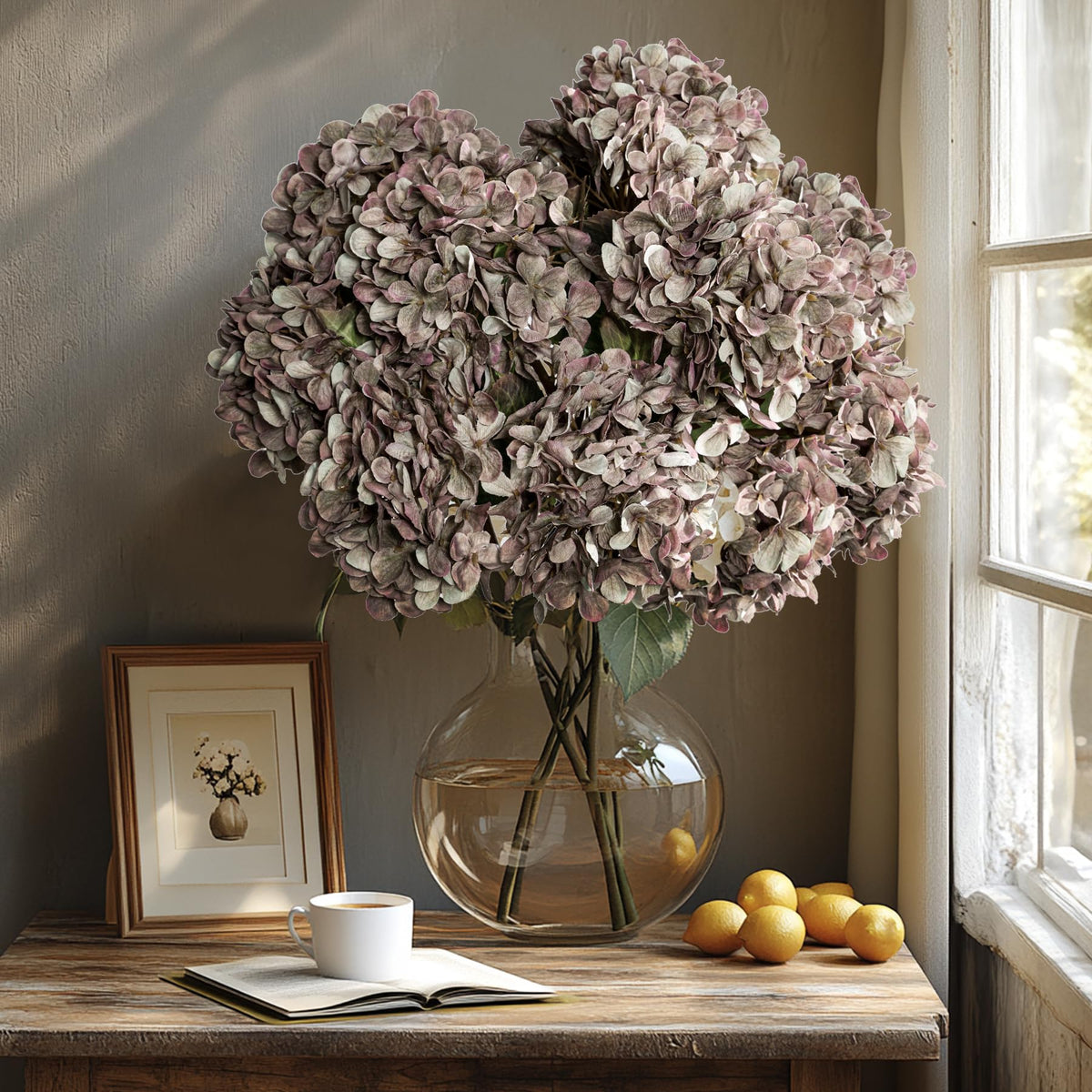 Uqueeten artificial hydrangea heads close-up with lifelike petals for vivid centerpieces.