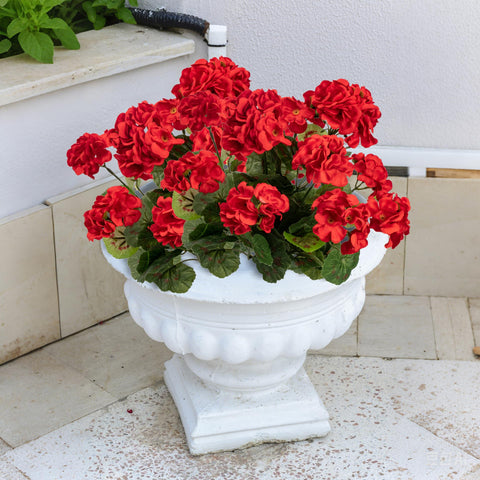 Uqueeten living room display with red geraniums for cozy seasonal decor.