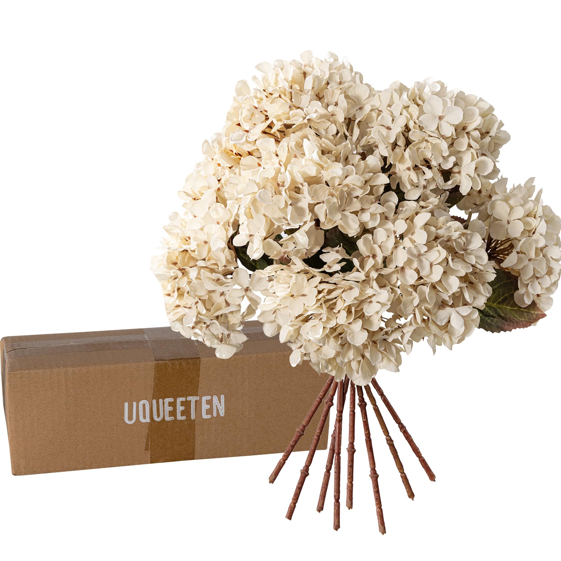 Uqueeten packaged artificial hydrangeas arrive flat-packed for easy setup.