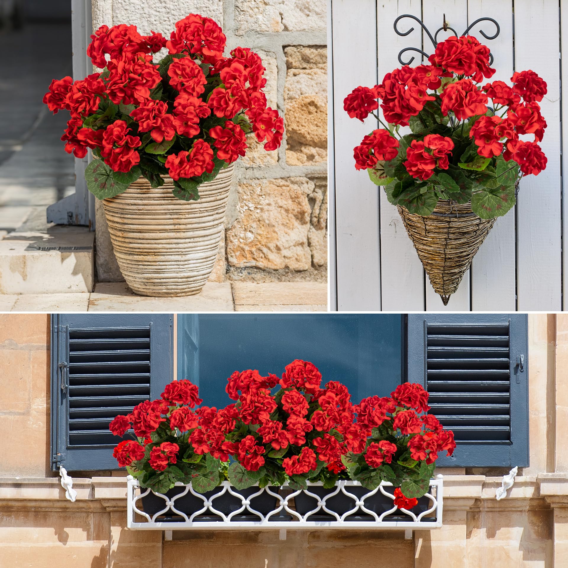 Uqueeten UV-resistant artificial geranium maintains bright color outdoors.
