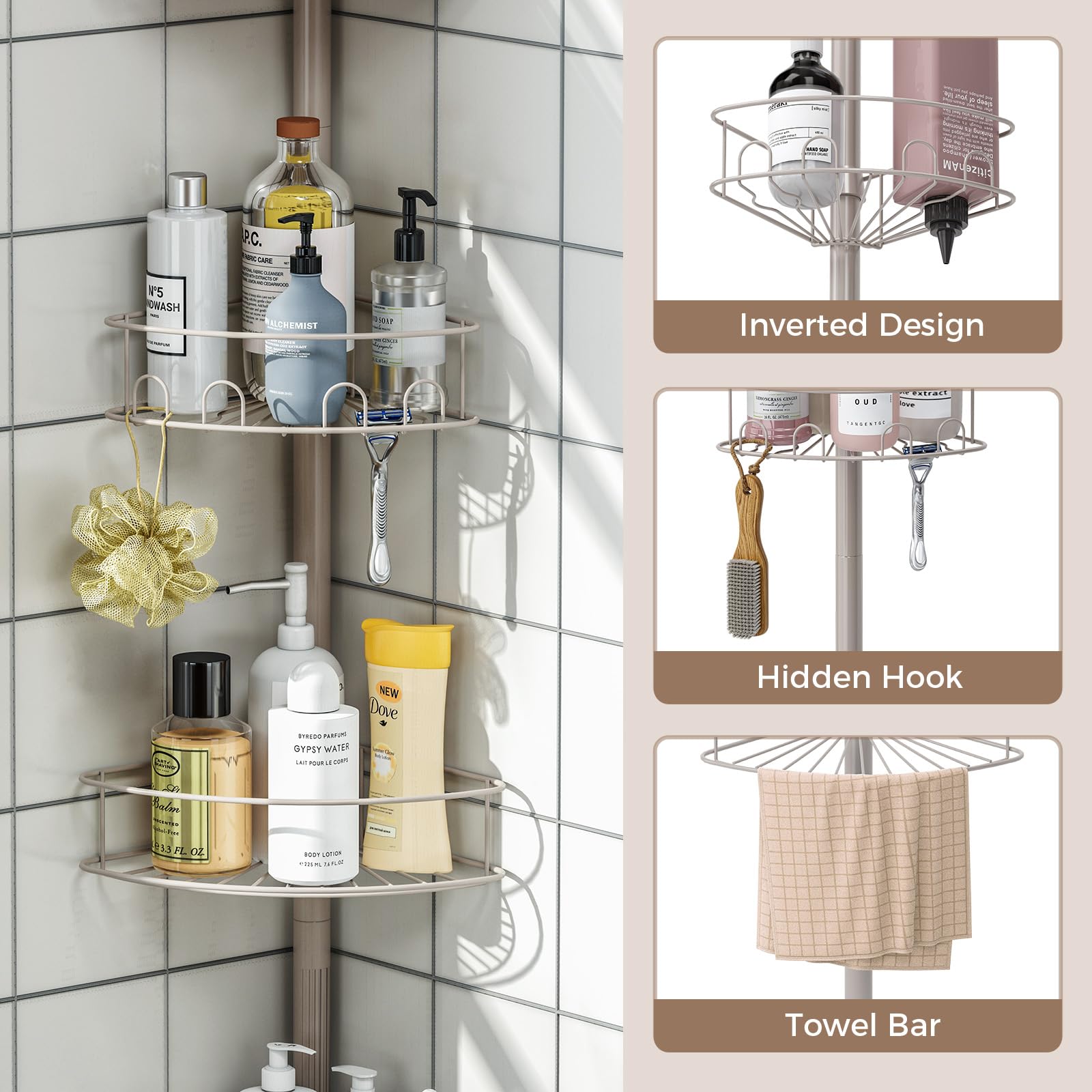 Urackify adjustable shelves corner showing tall bottles fit in one streamlined rack.