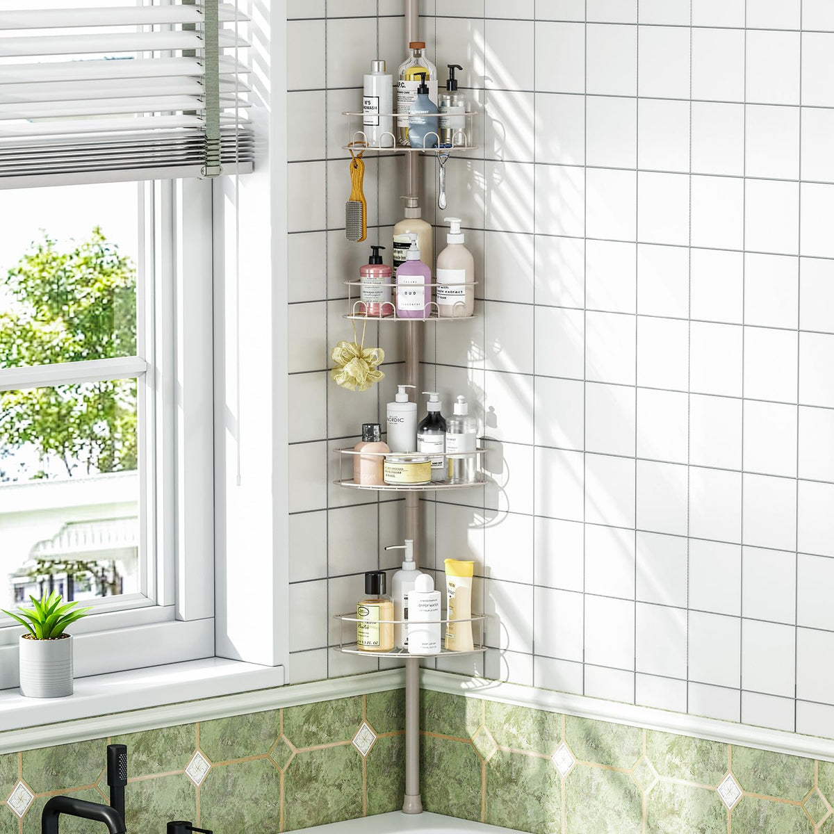 Urackify corner shower caddy with tension pole for space-saving bathroom organization.