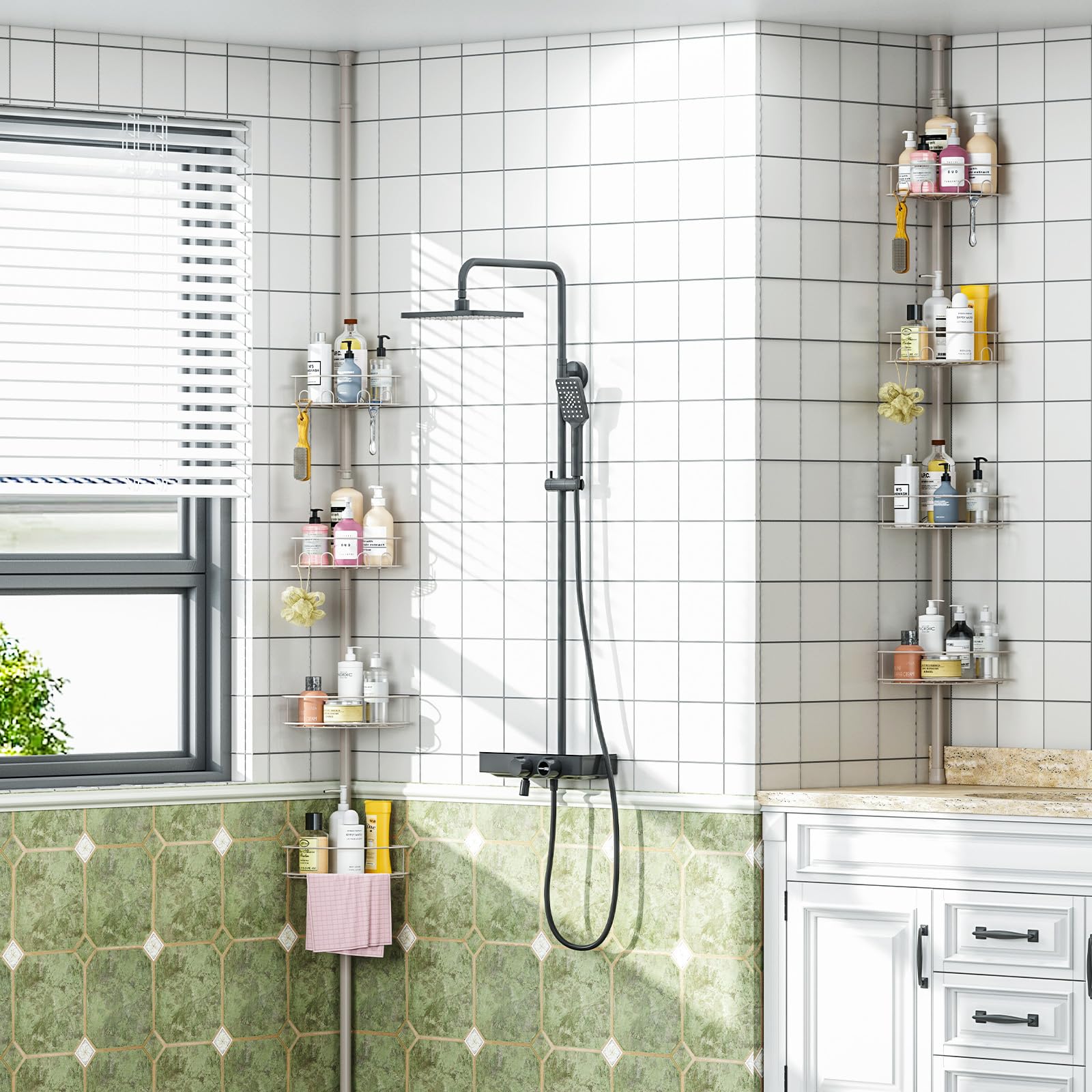 Urackify tall shower caddy reaches high shelves for easy access.