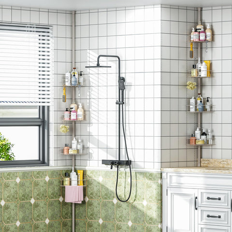 Urackify tall shower caddy reaches high shelves for easy access.