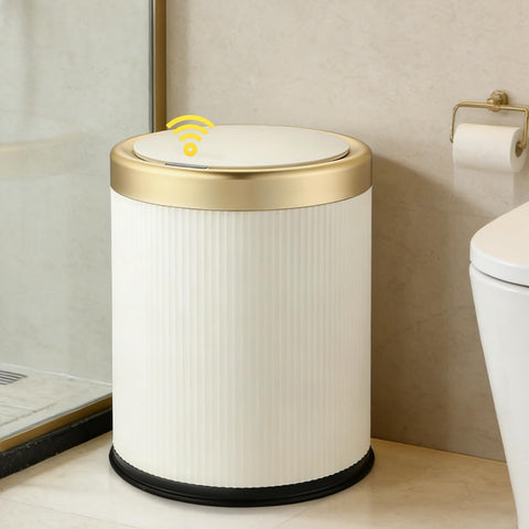 URALFA motion-sensor trash can lid opens hands-free for convenient bathroom use.