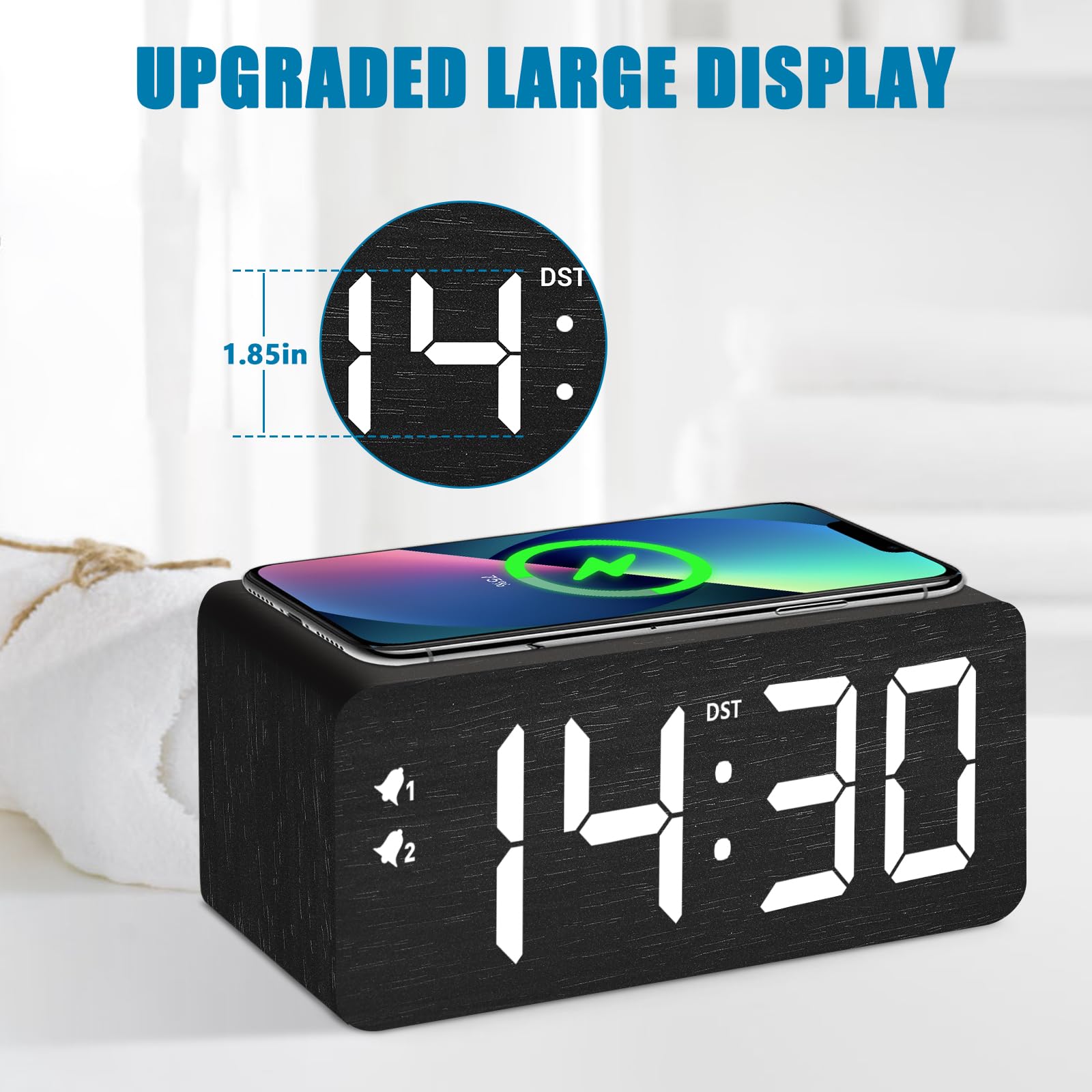 URAYCO wood digital alarm clock showing 10W wireless charging for fast device power