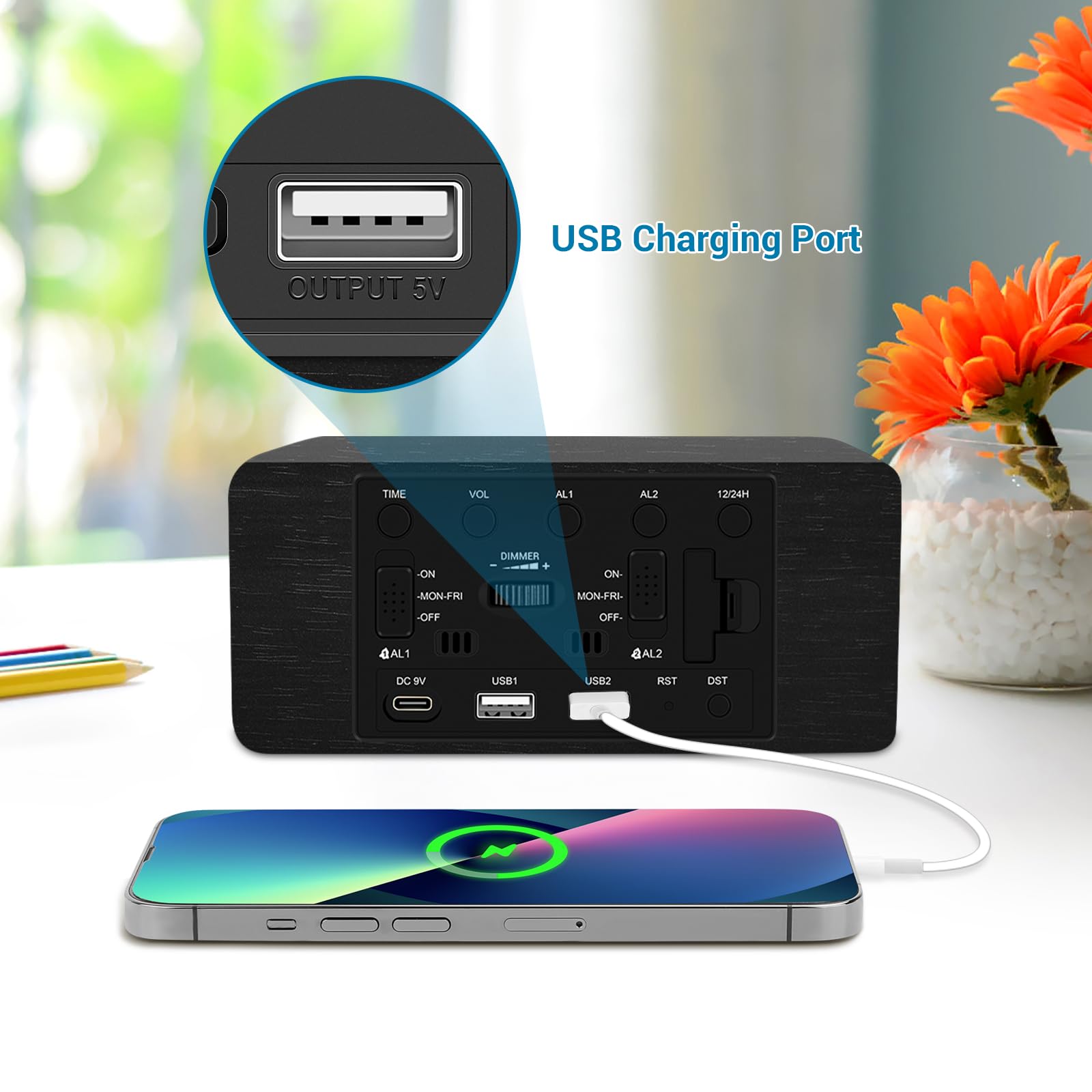 URAYCO clock on an office desk with convenient charging hub