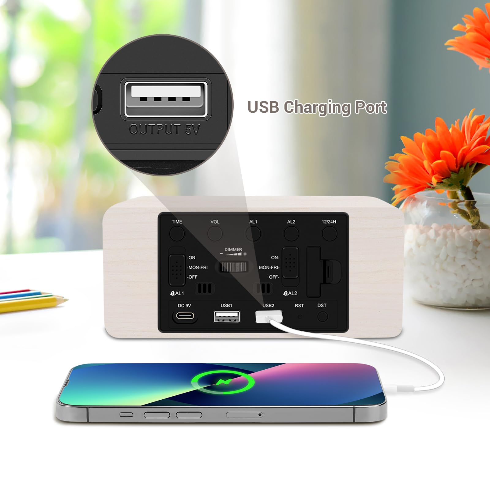 URAYCO compact desk setup with clock and charger