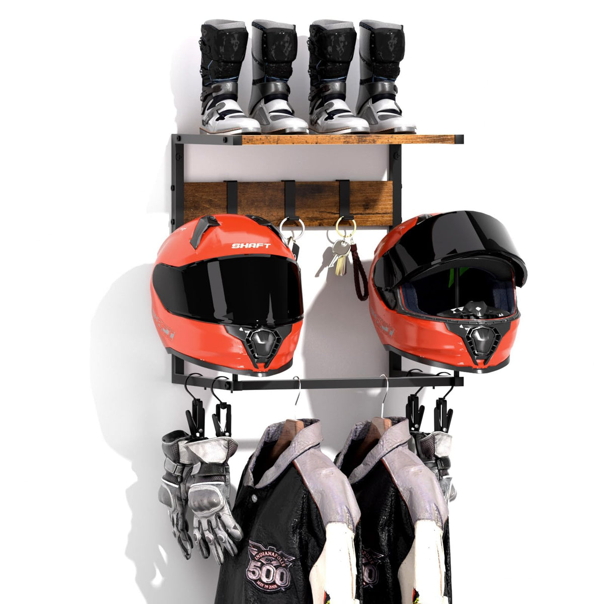 Urban Deco helmet holder wall mount showing organized helmets